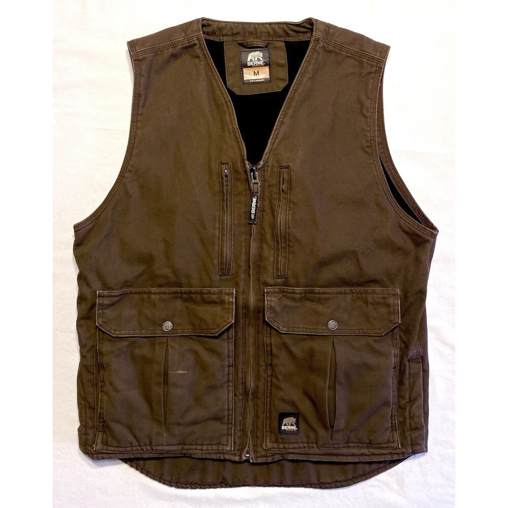 Berne CGW02BB Fleece Lined Duck Work Vest Men’s Medium Brown Zip Utility Pockets